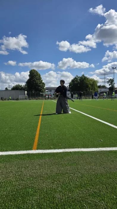 a person on a field holding a sword